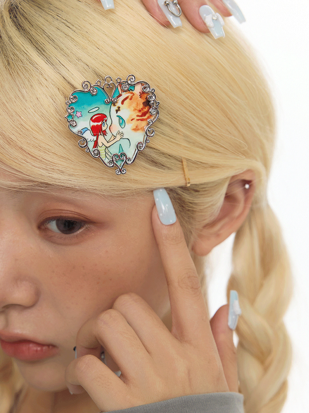 Angel & Cat Filigree Heart Hair Clip — view 3