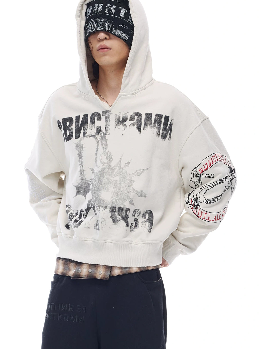 Washed Embroidery Cropped V-Neck Hoodie — view 4