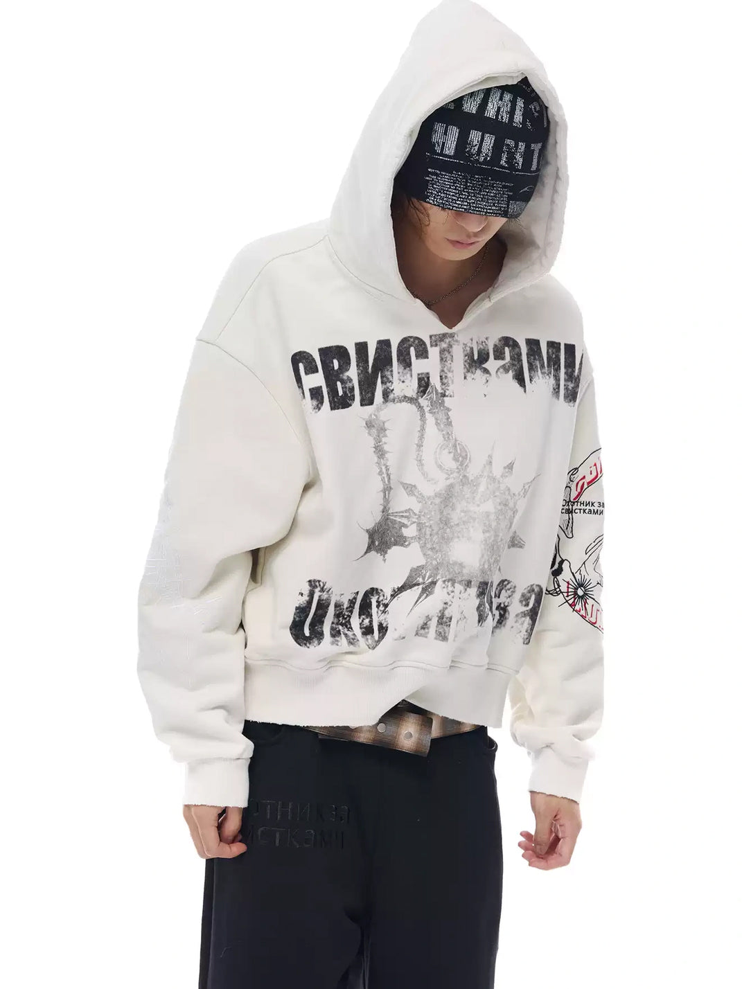 Washed Embroidery Cropped V-Neck Hoodie — view 5