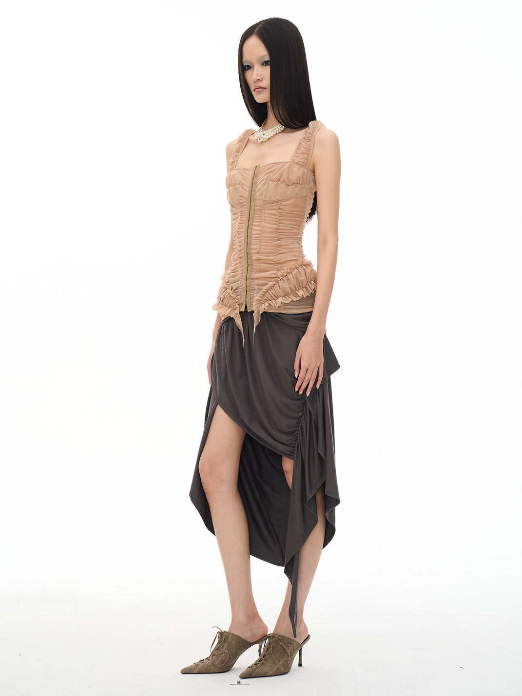 Ruched Mesh Flounce-Hem Tank — view 5