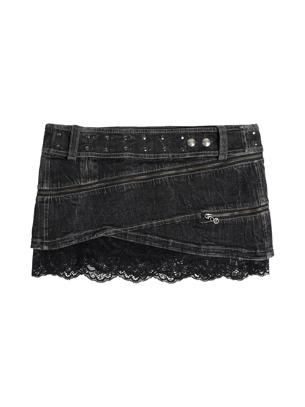 Lace-Edge Layered Zip Denim Mini — view 1