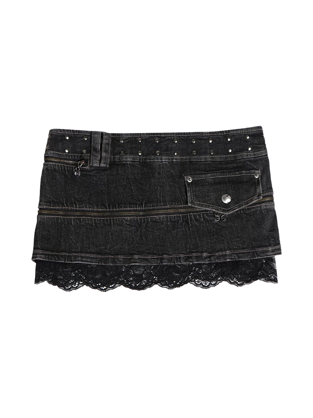 Lace-Edge Layered Zip Denim Mini — view 11