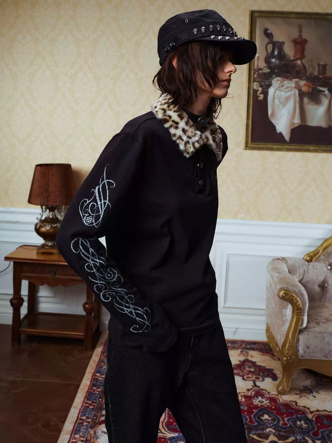 Leopard-Collar Snap Cotton Polo — view 6