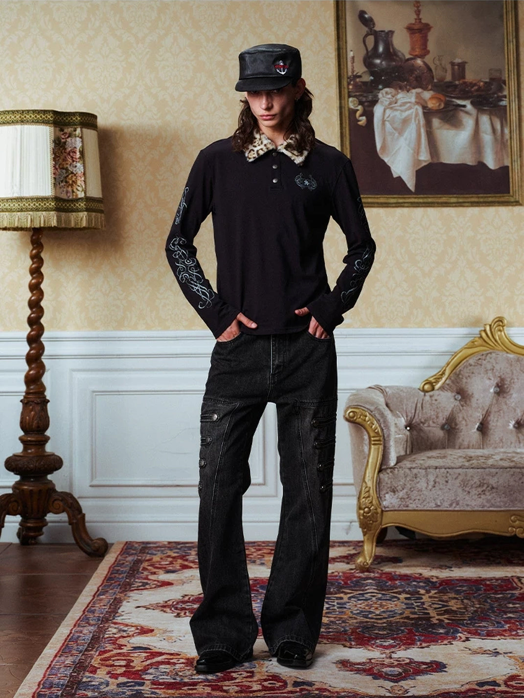 Leopard-Collar Snap Cotton Polo — view 8