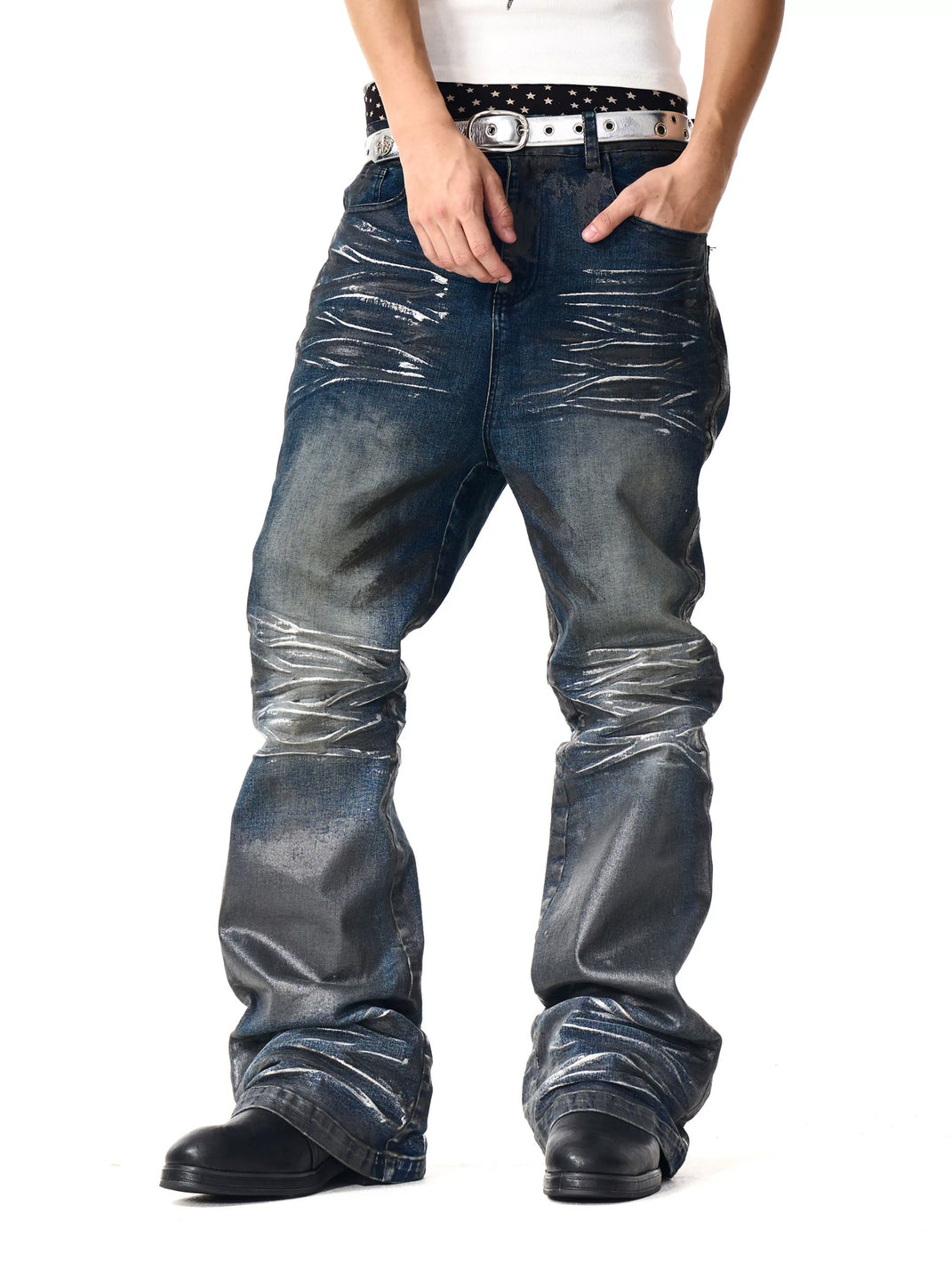 Waxed Indigo Flare Jeans — view 4