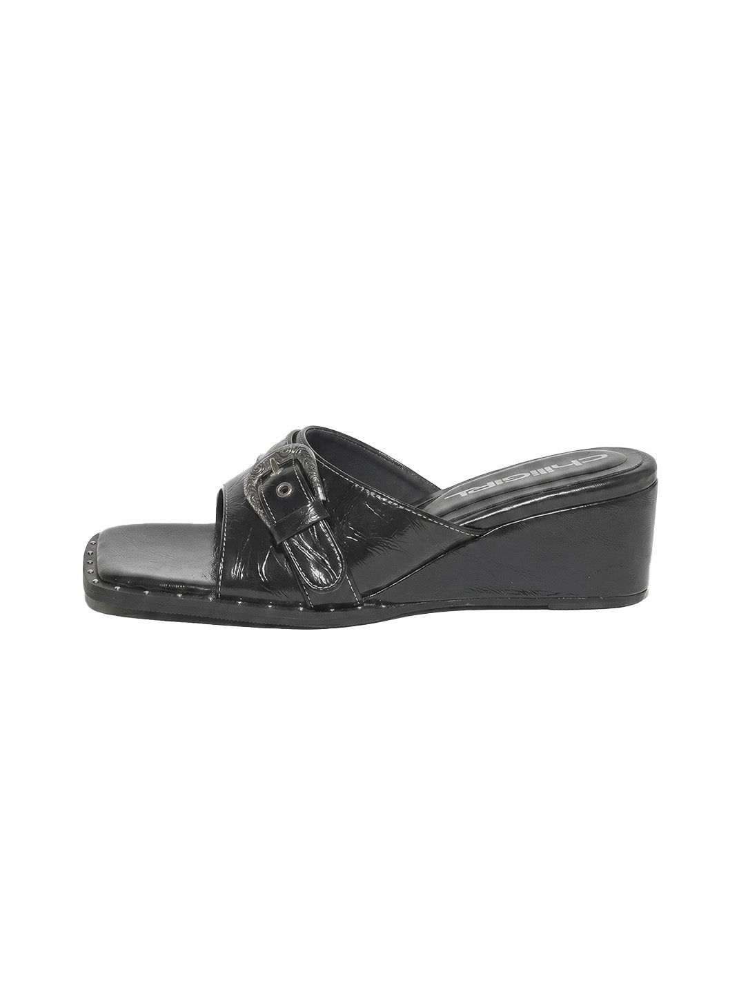 Buckled Square-Toe Low-Wedge Slide Sandals