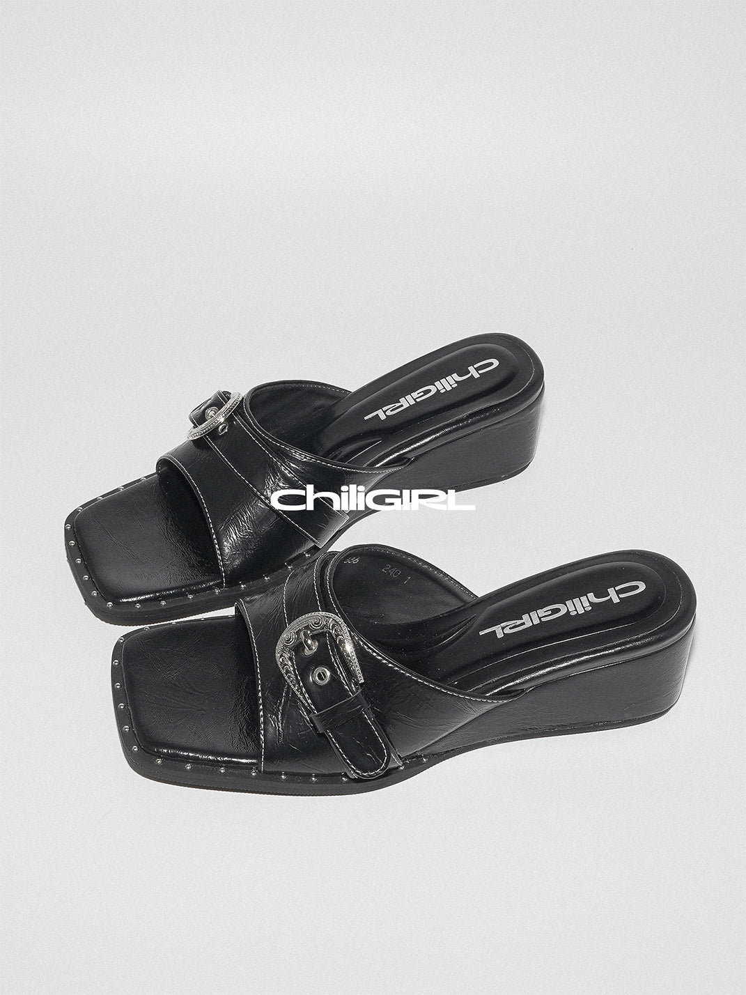 Buckled Square-Toe Low-Wedge Slide Sandals - View 14