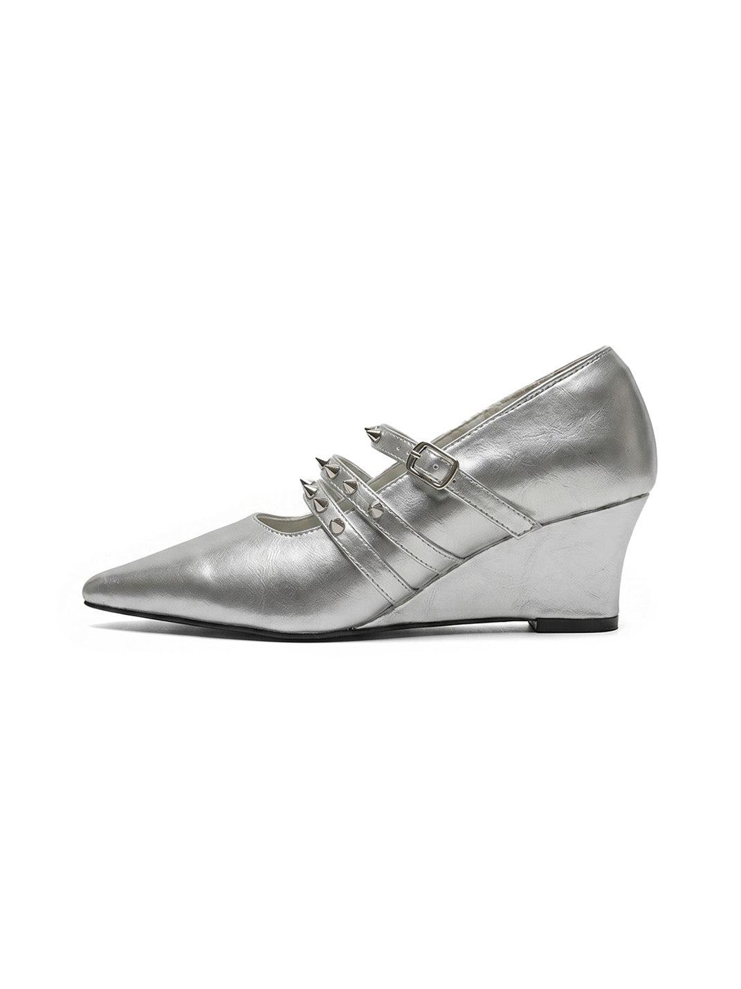 Silver Cross-Strap Pointed-Toe Wedge Pumps