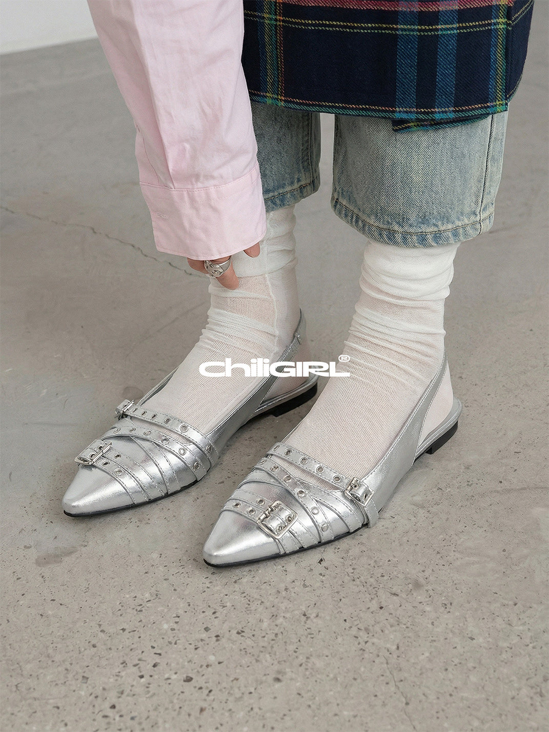 Silver Pointed-Toe Rivet Slingback Flats - View 2