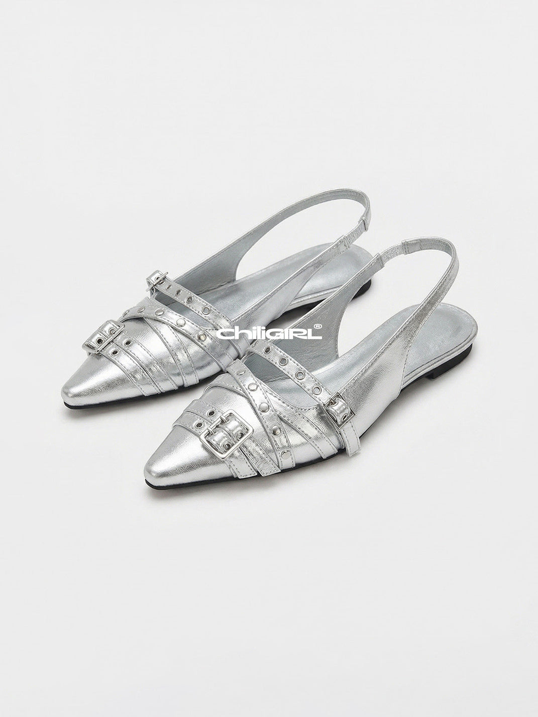 Silver Pointed-Toe Rivet Slingback Flats - View 10