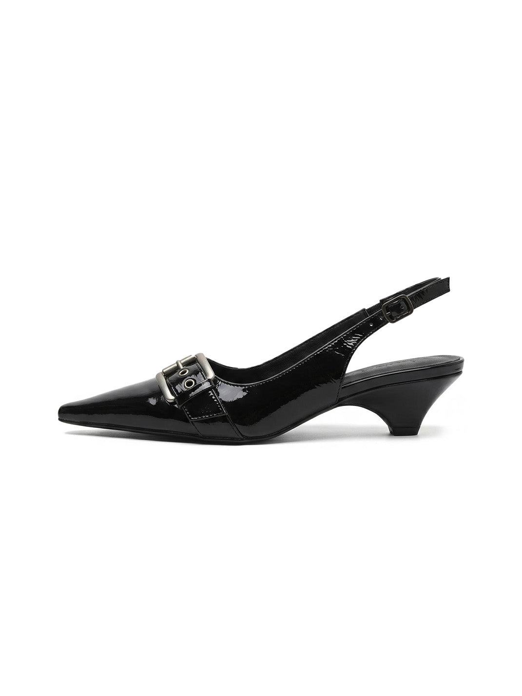 Black Rivet-Buckle Kitten-Heel Slingbacks