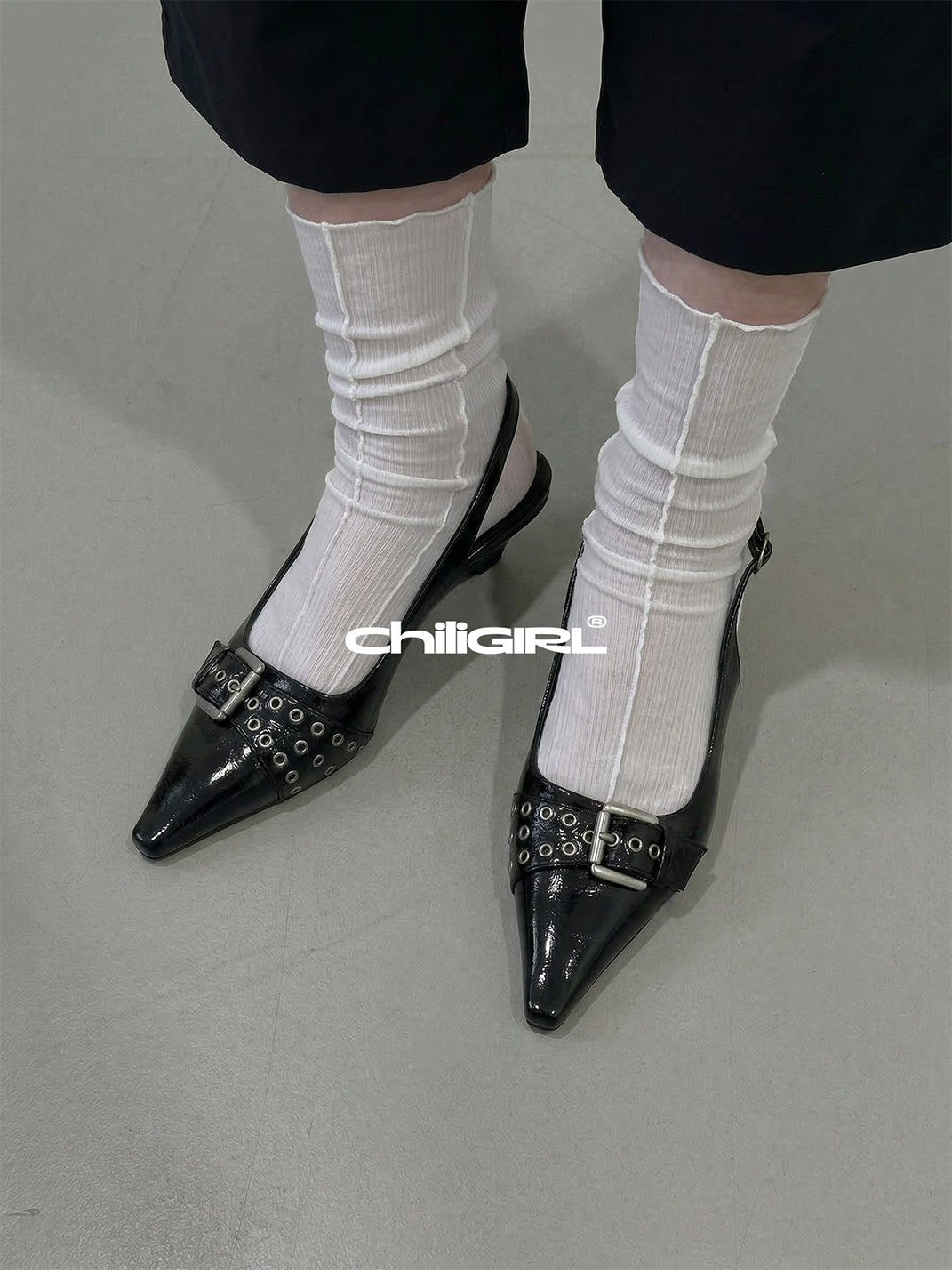 Black Rivet-Buckle Kitten-Heel Slingbacks - View 2