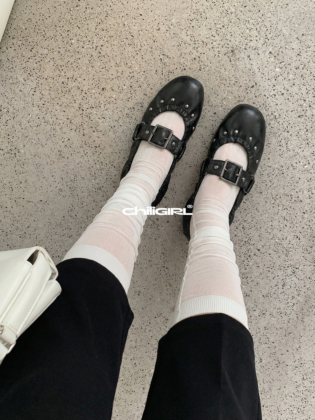 Rivet-Buckle Crinkled Ballet Flats - View 7