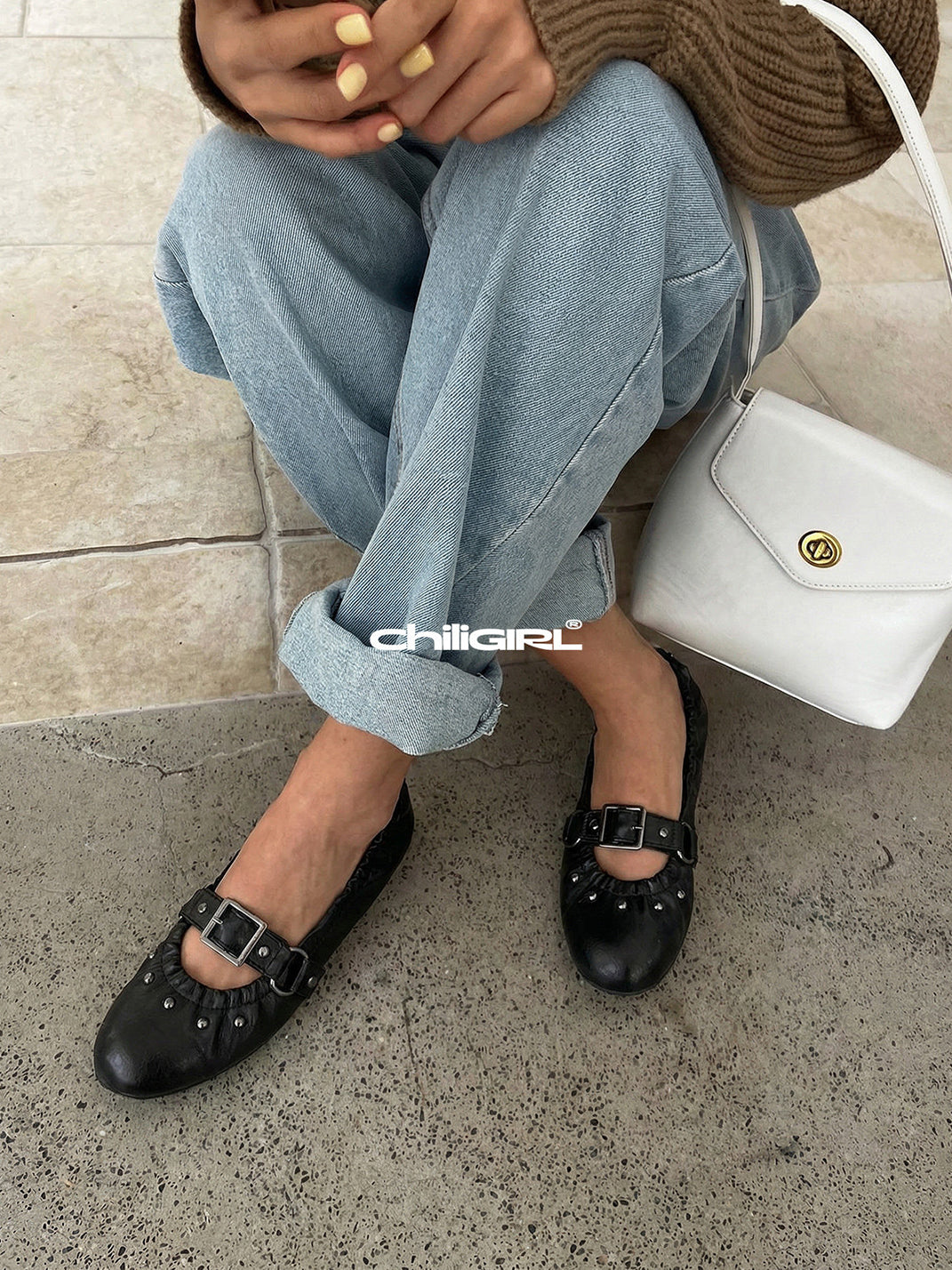 Rivet-Buckle Crinkled Ballet Flats - View 8