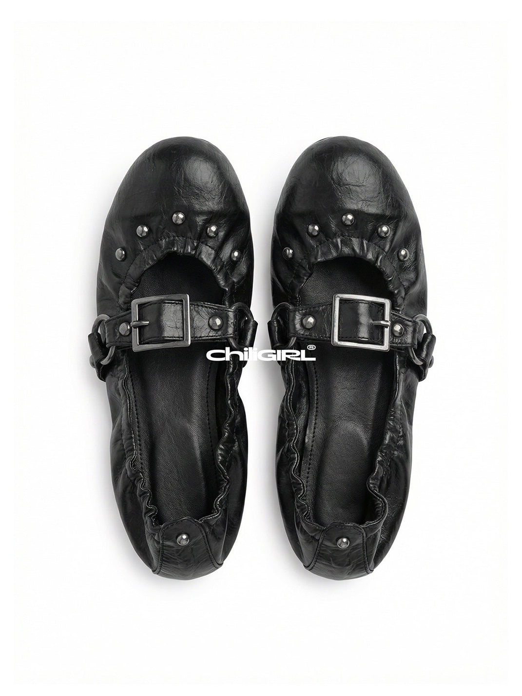 Rivet-Buckle Crinkled Ballet Flats - View 10