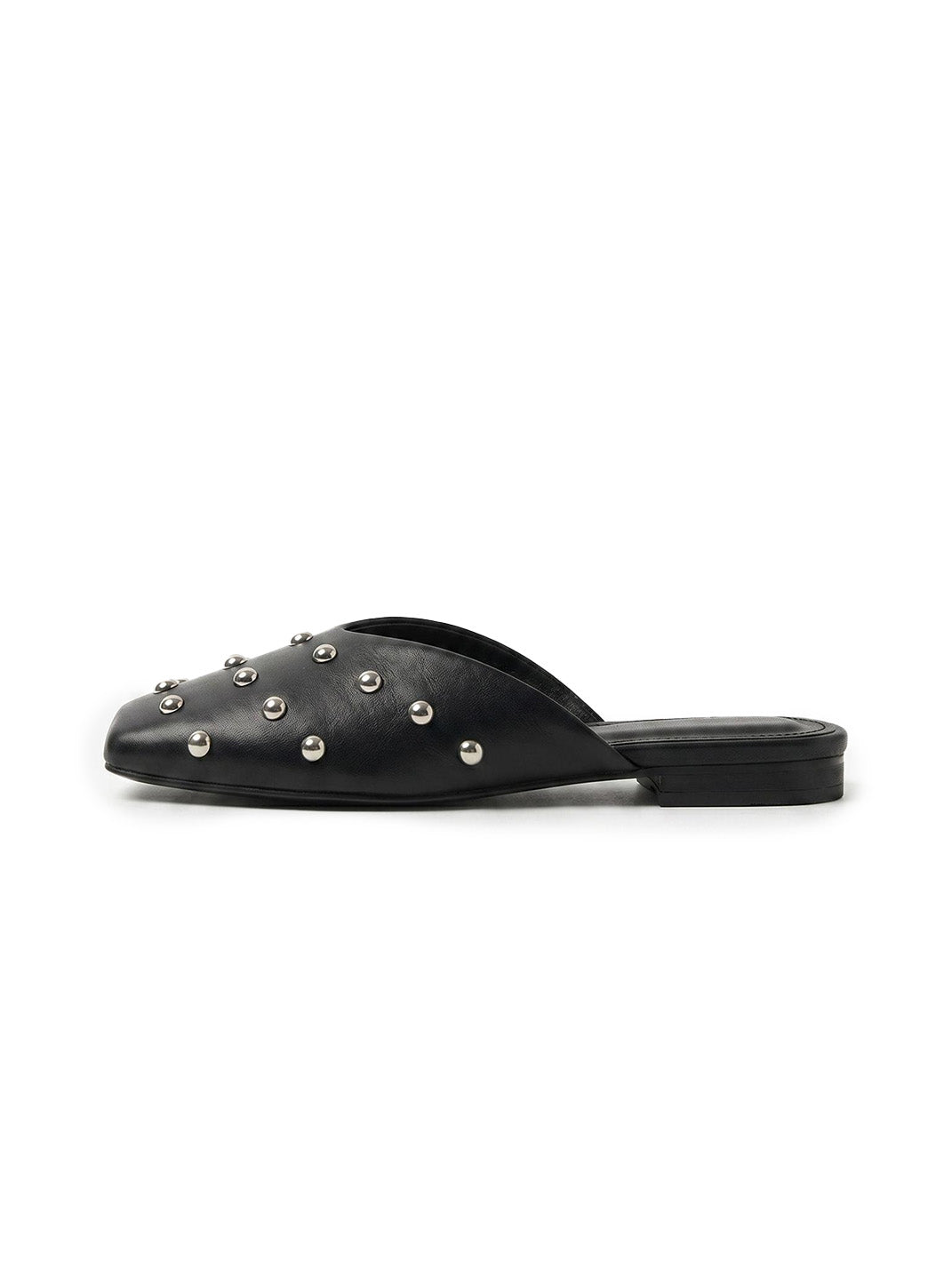 Black Studded Pointed-Toe Mule Flats