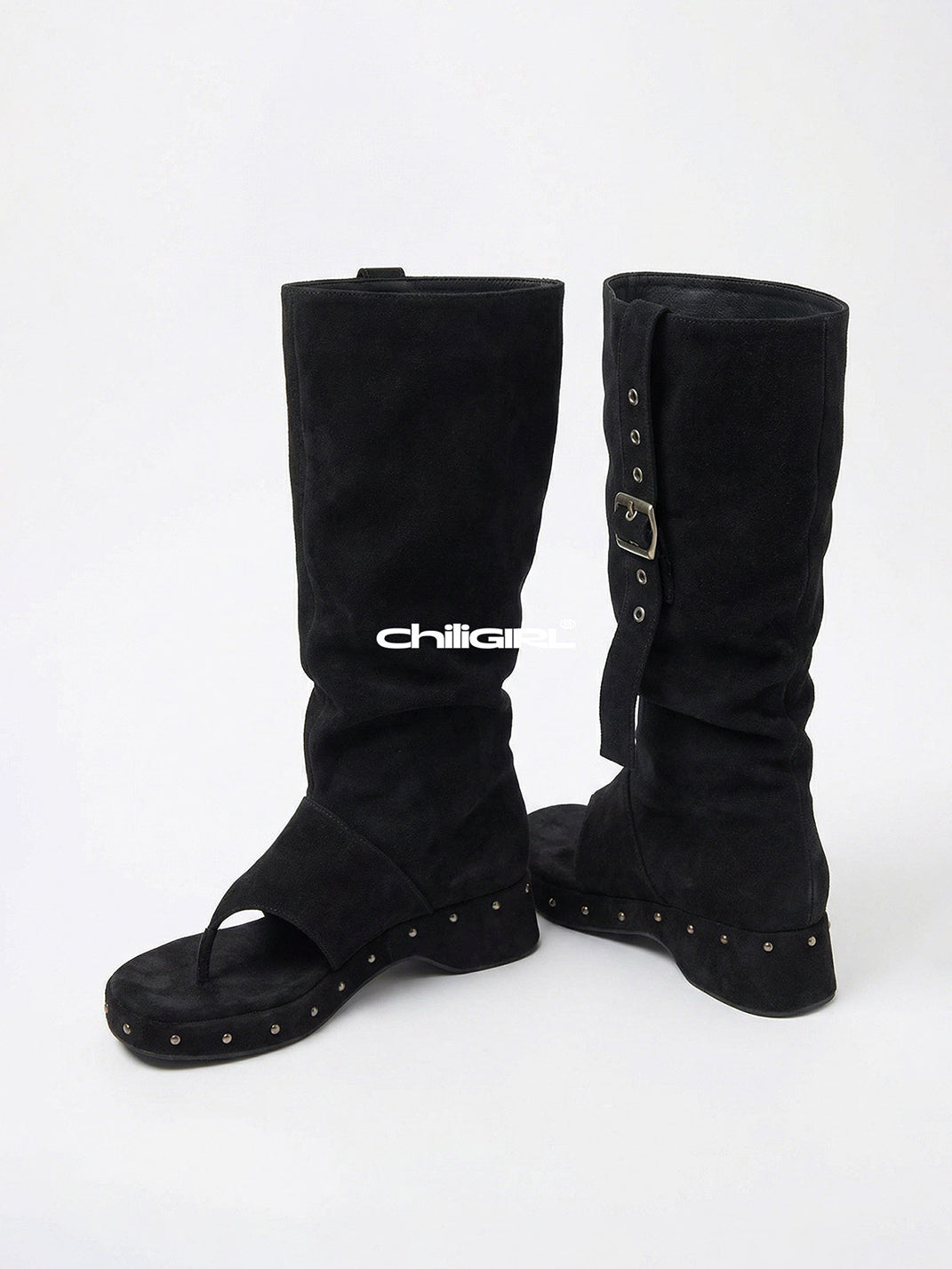 Black Rivet Low-Heel Tall Sandal Boots - View 11