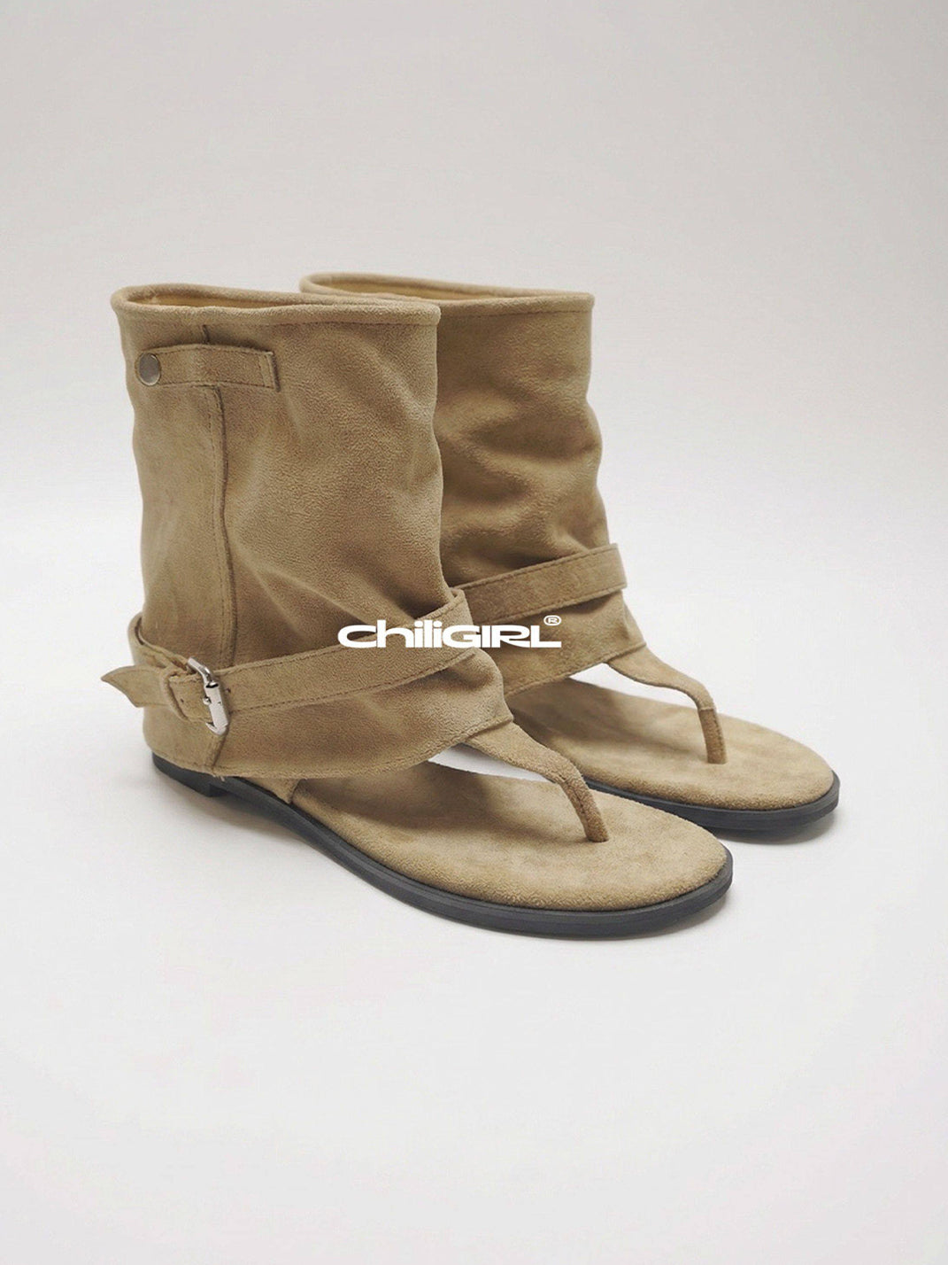 Khaki Slouchy Open-Toe Ankle Boots - View 10