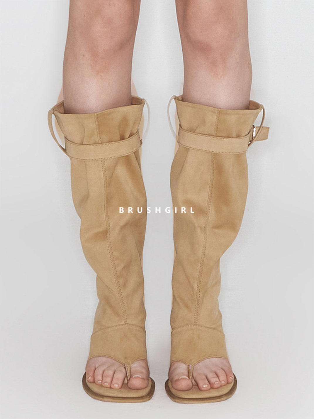 Khaki Western Thong Knee-High Sandal Boots - View 2