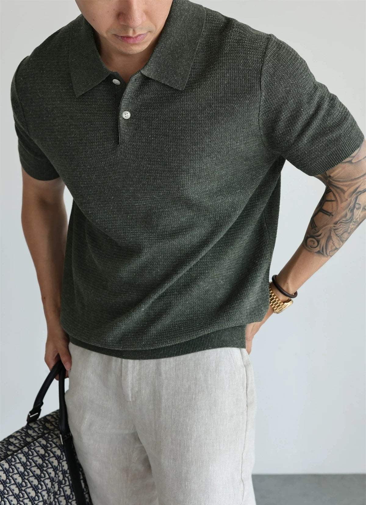 Linen-Blend Knit Open-Collar Polo product view 2