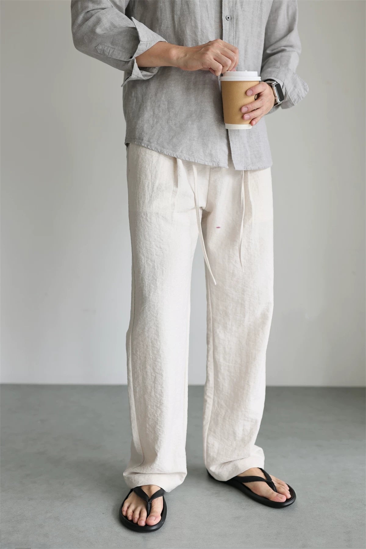 Linen-Blend Drawstring Straight-Leg Pants product view 1