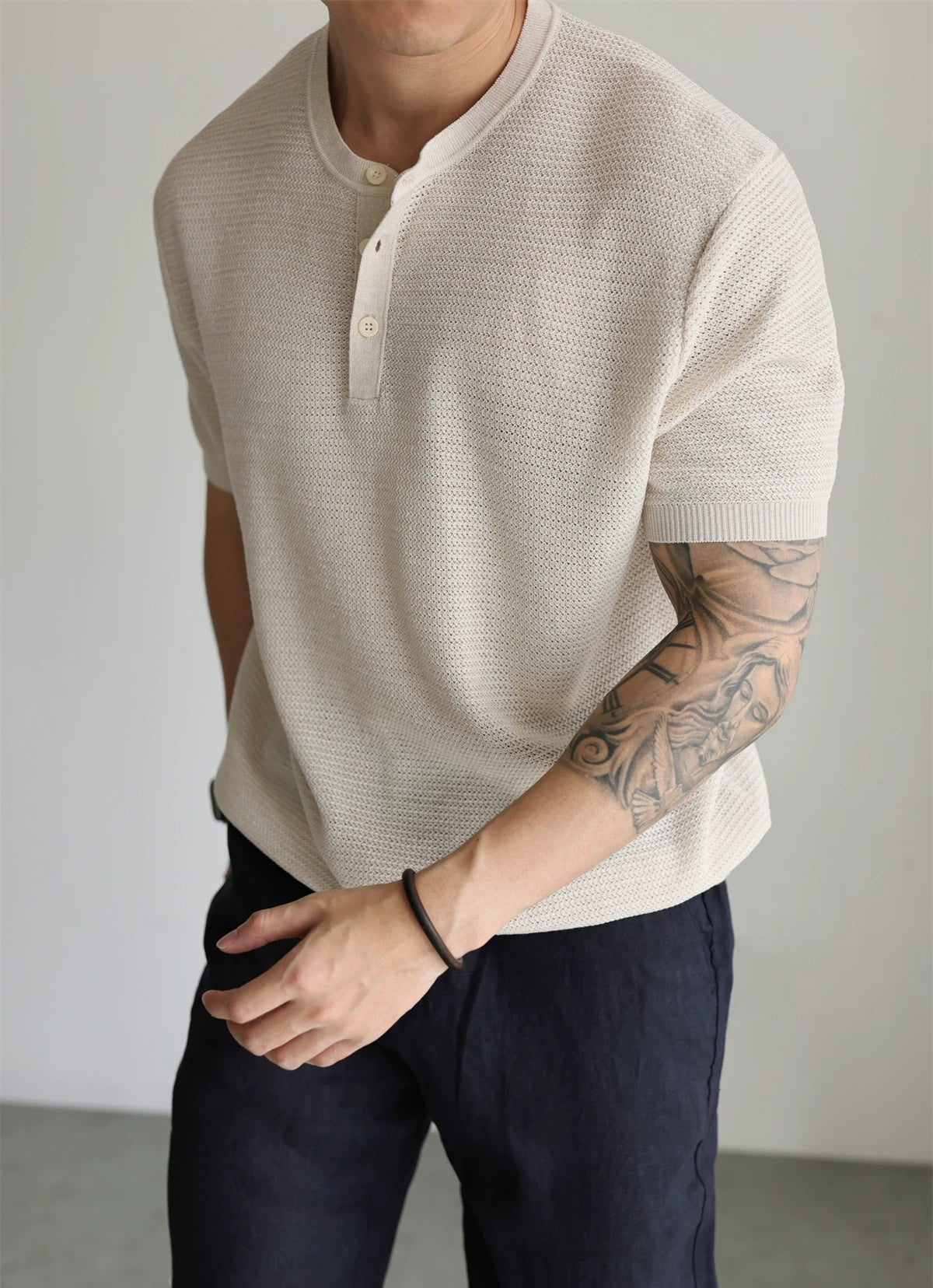 Textured Linen-Blend Short-Sleeve Henley product view 1