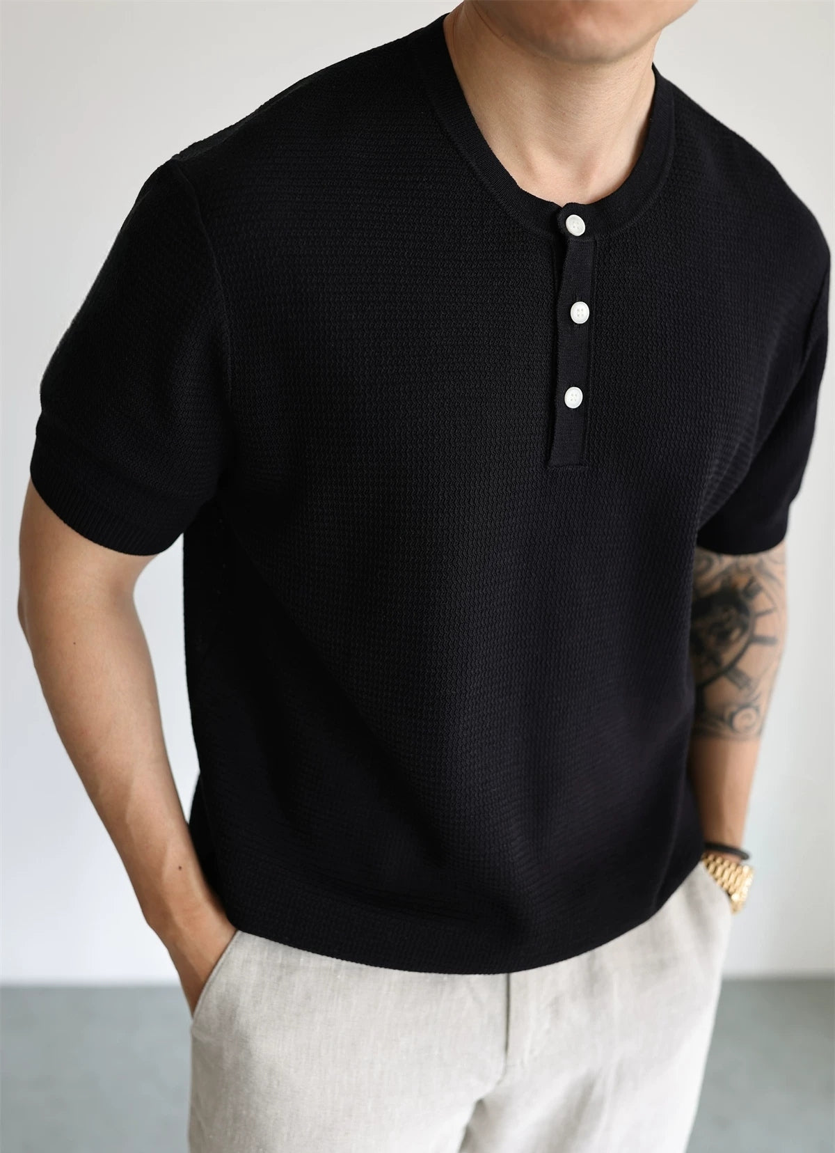 Textured Linen-Blend Short-Sleeve Henley product view 3