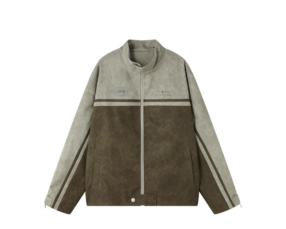 Colorblock Faux-Leather Stand-Collar Jacket product view 3