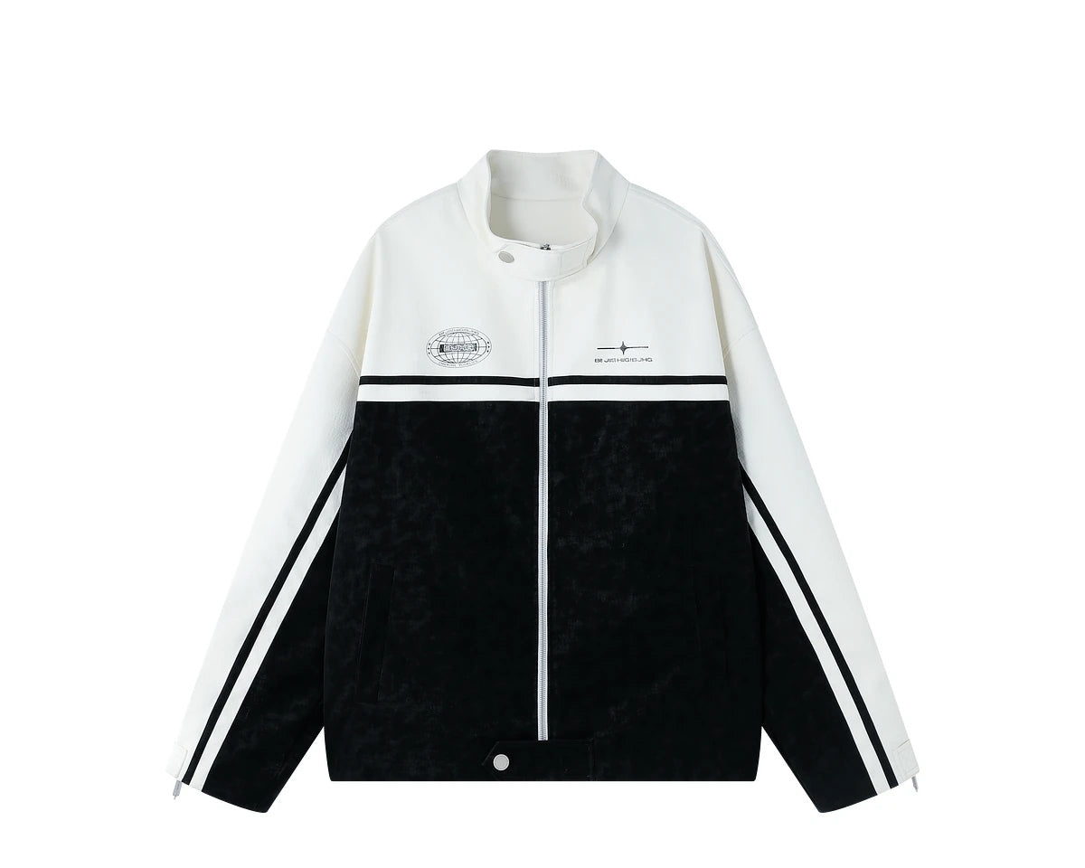 Colorblock Faux-Leather Stand-Collar Jacket product view 1