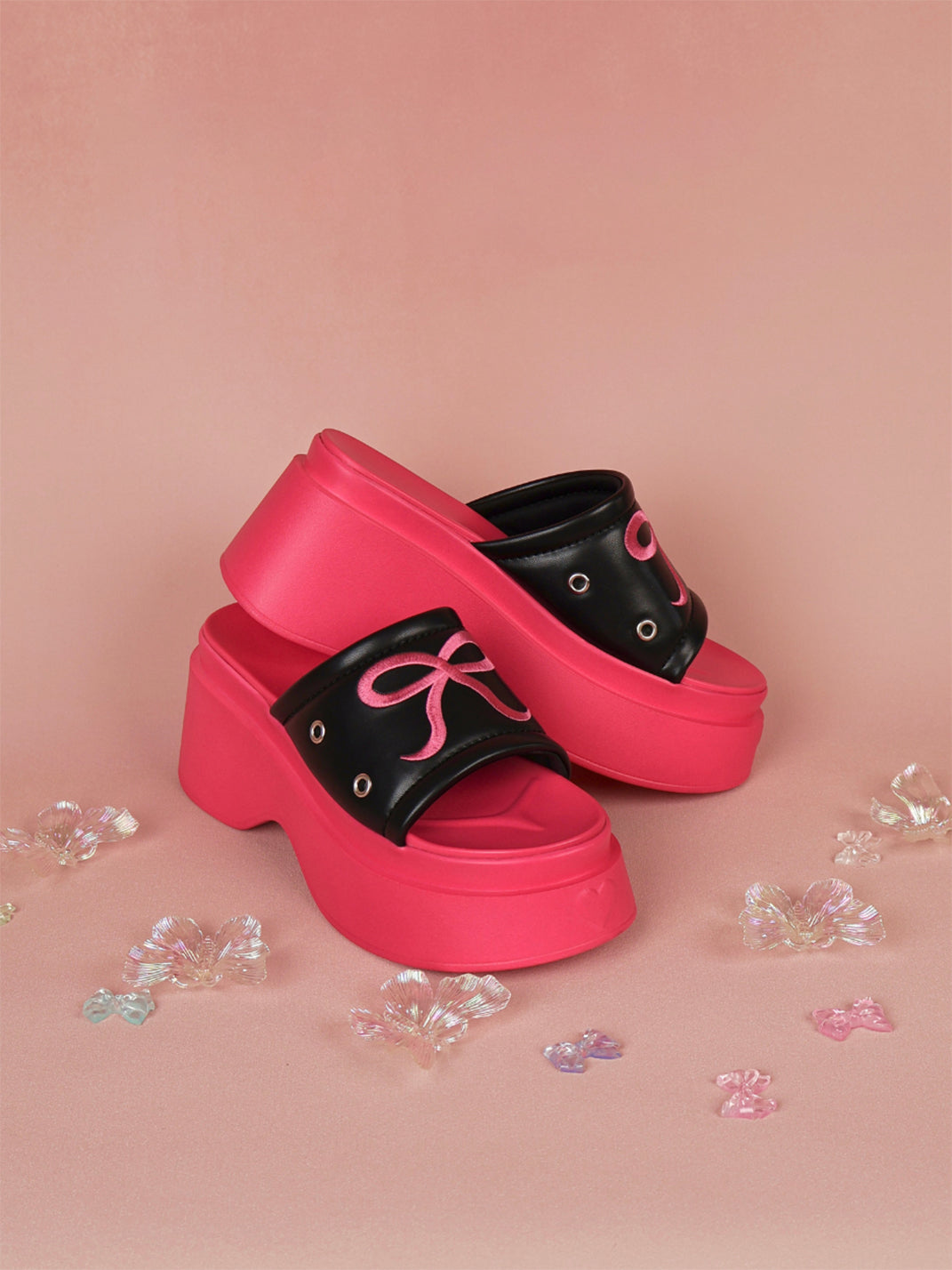 Hot-Pink Bow-Detail Platform Slides - View 6
