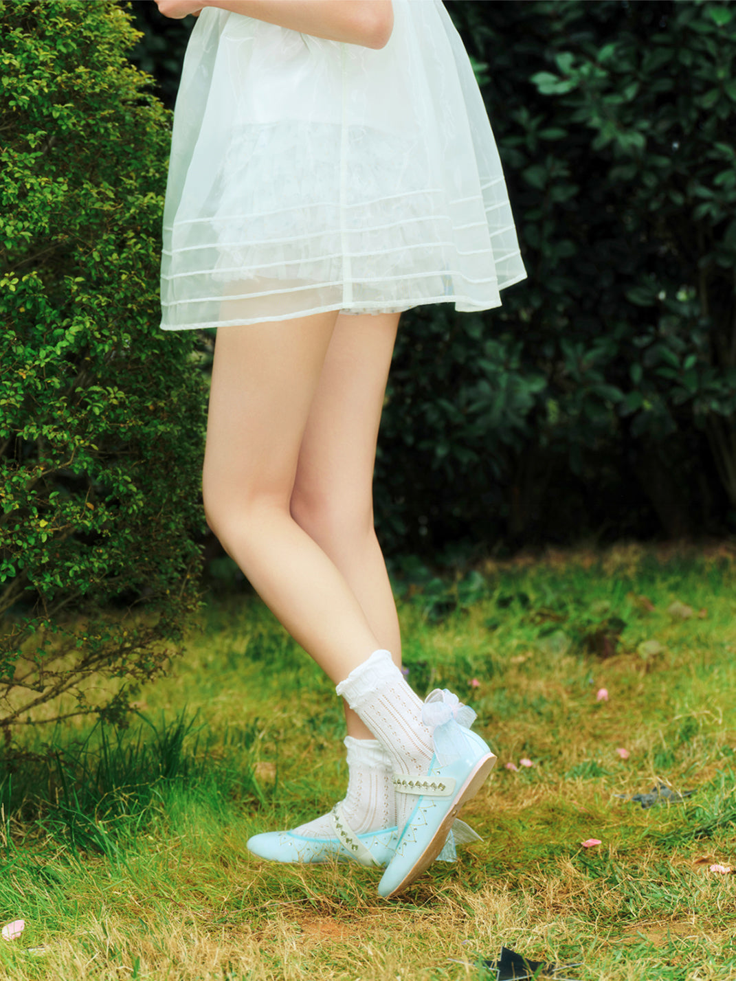 Ice-Blue Crystal-Trim Strap Flats - View 3