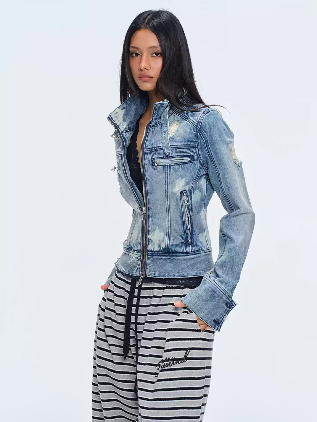 Contour-Seam Distressed Denim Moto Jacket — product view 2