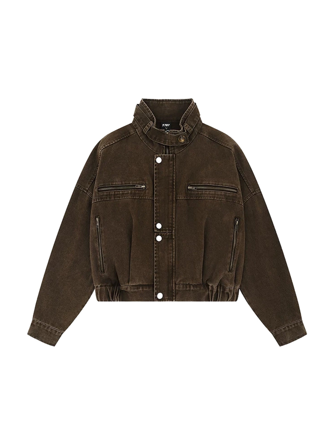 Cotton Denim Cropped Zip-Pocket Biker Jacket - product view