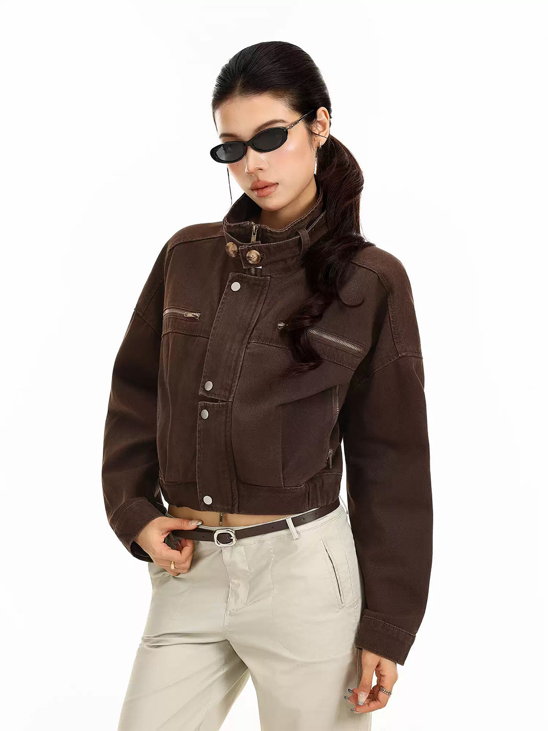 Cotton Denim Cropped Zip-Pocket Biker Jacket - view 2