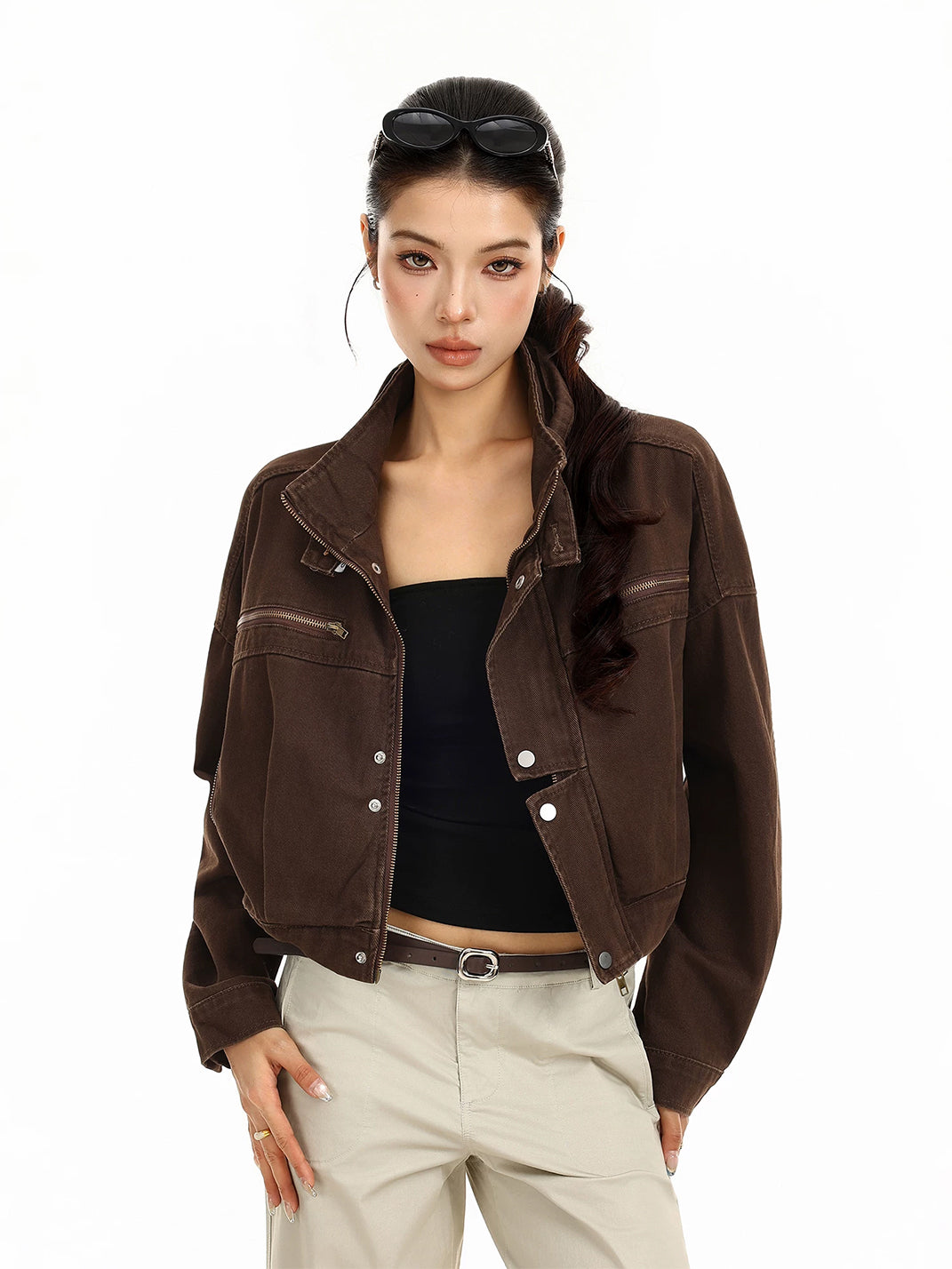 Cotton Denim Cropped Zip-Pocket Biker Jacket - view 3