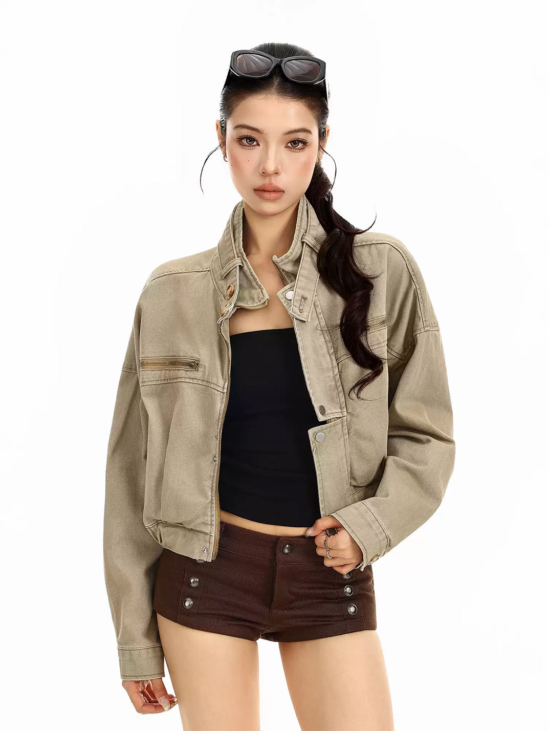 Cotton Denim Cropped Zip-Pocket Biker Jacket - view 7