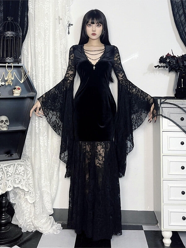 Gothic Velvet Lace Maxi Dress Black / S Gothic Velvet Lace Maxi Dress Black / S