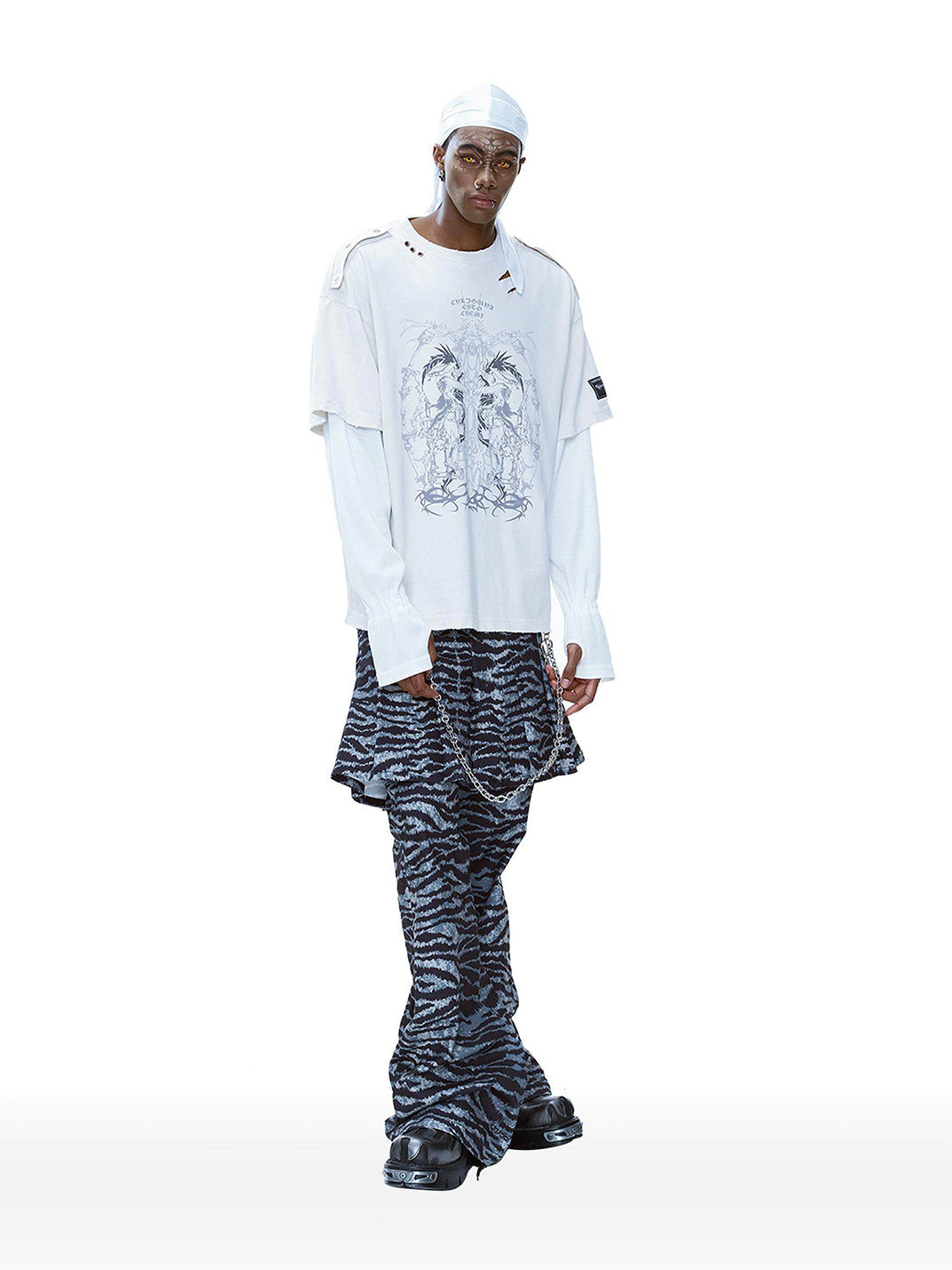 Tiger-Print Detachable Skirt-Flare Pants - View 2