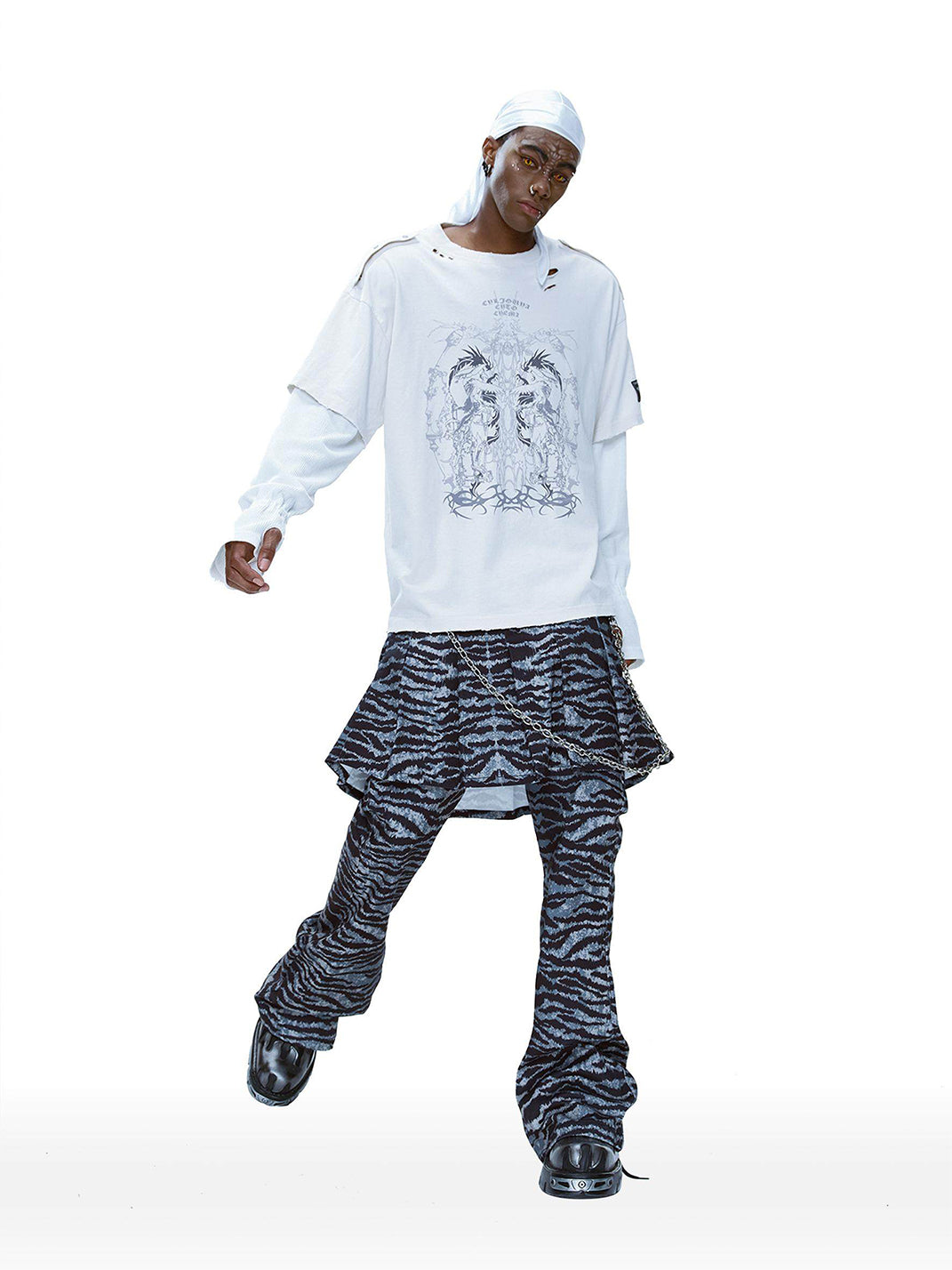 Tiger-Print Detachable Skirt-Flare Pants - View 3