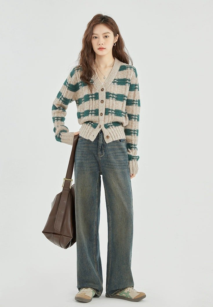 Green and Beige Plaid Knit Cardigan