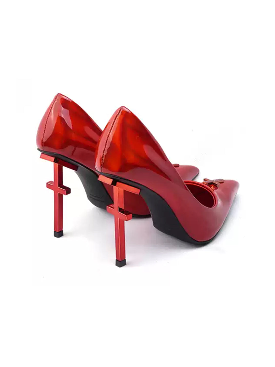 Red Cross-Heel Glossy Pointed Pumps - view 7