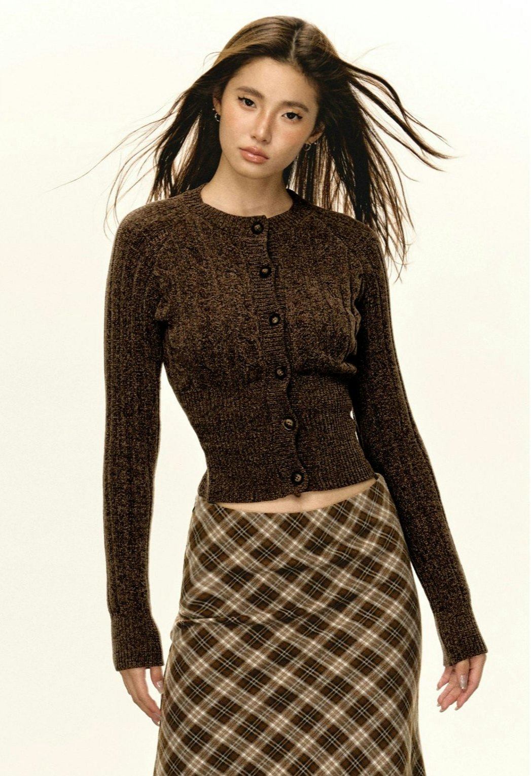 Brown Fitted Ribbed Button Cardigan