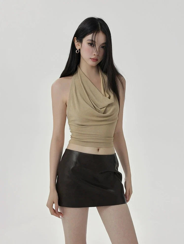 카울넥 베이지 홀터 탑