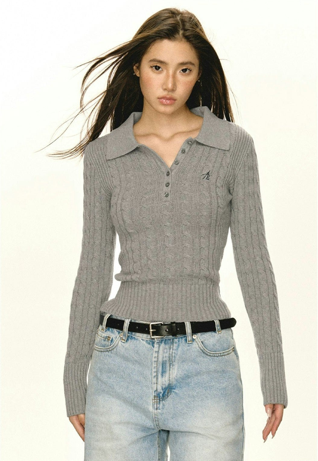 Half-Button Cable Knit Polo Sweater