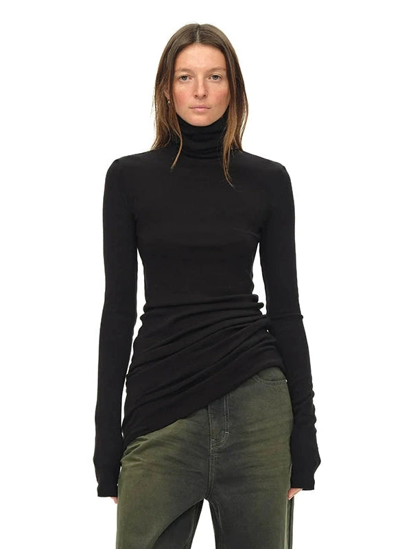Black Turtleneck Draped Knit Top