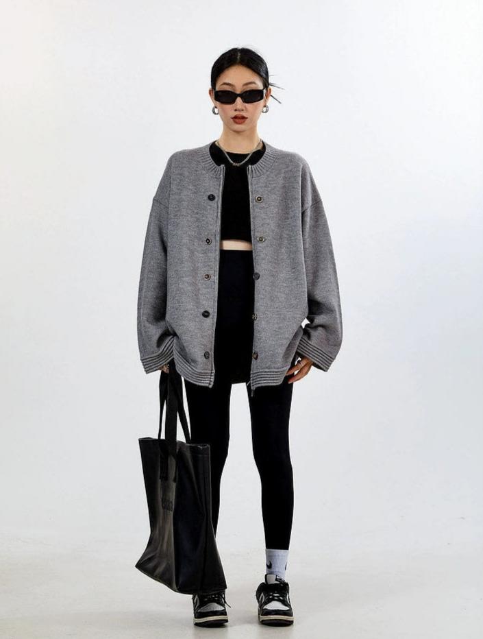 Ribbed Trim Oversized Button Zip Knit Cardigan