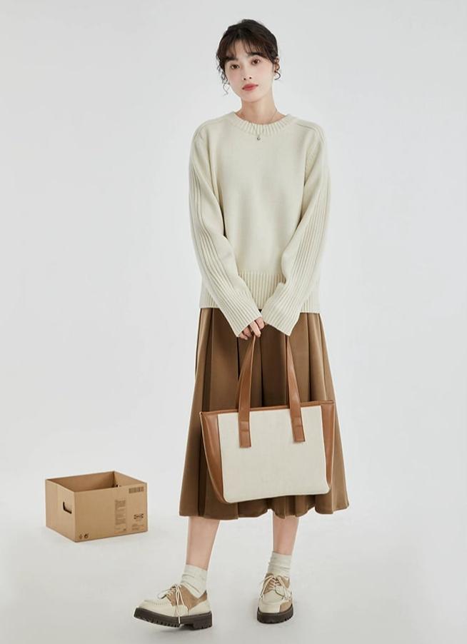 Drop Shoulders Ribbed Crewneck Sweater