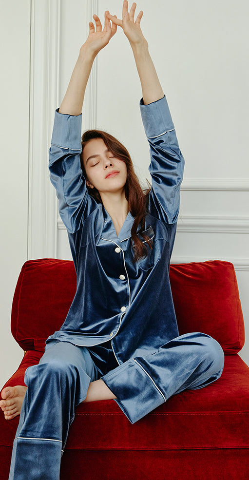 Long-Sleeve Velvet Loungewear Pajama Set - chiclara