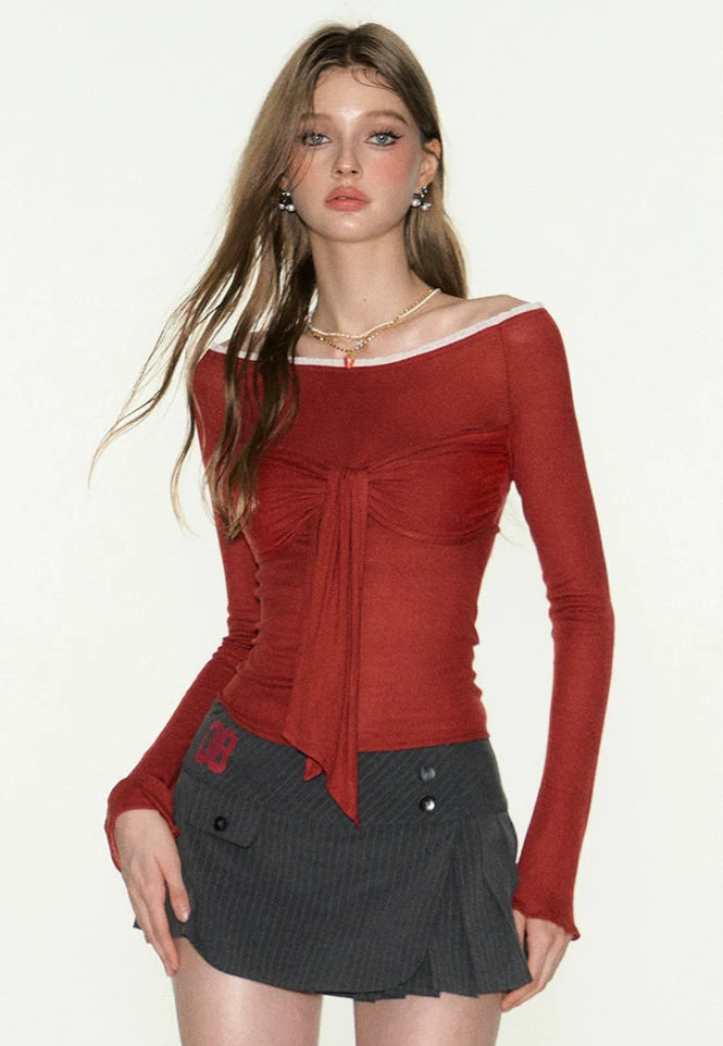 Red Long Sleeves Off-Shoulder Tie-Front Top