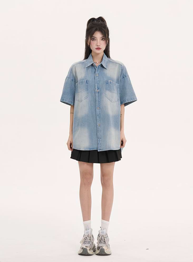오버사이즈 페이디드 데님 버튼 셔츠